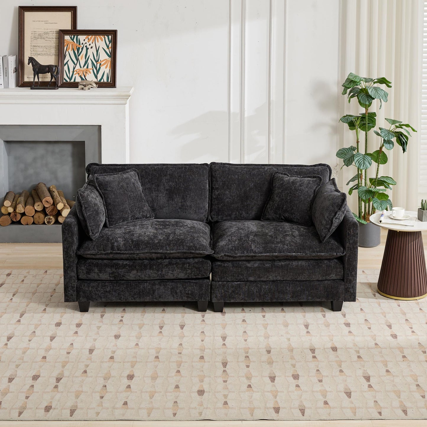 Cloud Sofa LoveSeat Ottoman Is Not Included, Modern Sectional Couch, For Living Room Bedroom And Apartment, Comfy Double Layer Upholstered Seat Cushion, Breathable Chenille Fabric, Black,SW5012BK