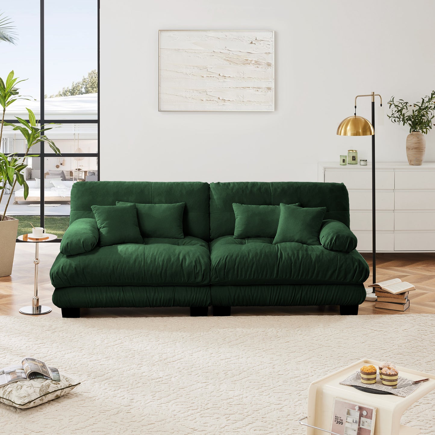 Cloud Couch 2 Seater Sofa For Living Room, Chenille 2 - Seat Sofa With 2 Lumbar Pillows And 2 Throw Pillows,Chenille Green