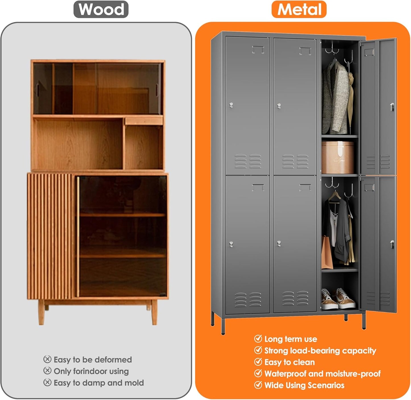 6 Doors Metal Lockers For Employees With 18 Hooks And Business Card Holder, Metal Locker With Ventilation Holes For School Garage Office Gym Home,Assembly Required,Dark Grey