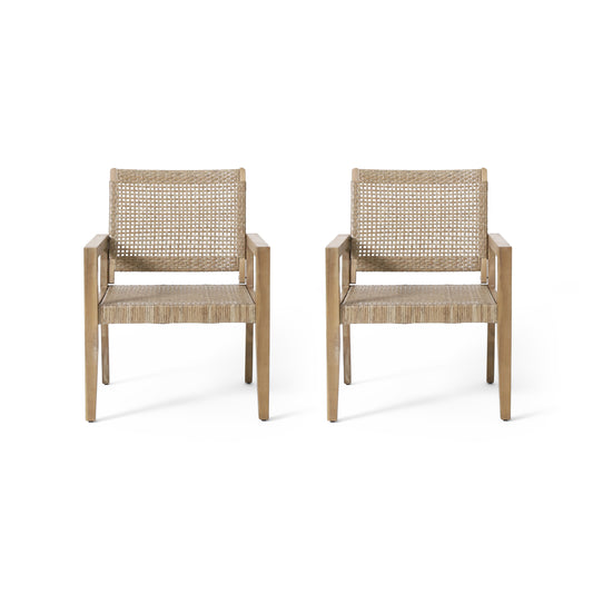 Outdoor Wicker And Acacia Wood Club Chairs, Set Of 2, Light Multibrown And Light Brown, 34 H X 25 W X 27.25 D