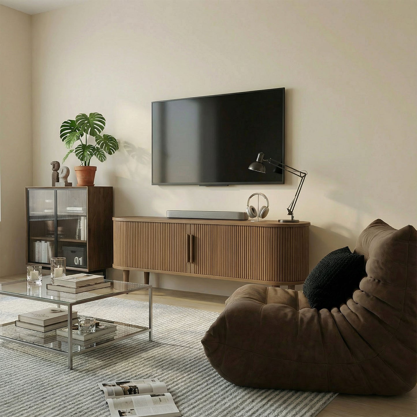 63in Fluted TV Stand Modern Media Console Table Entertainment Center With Sliding Door And Solid Wood Legs For Living Room Bedroom Office