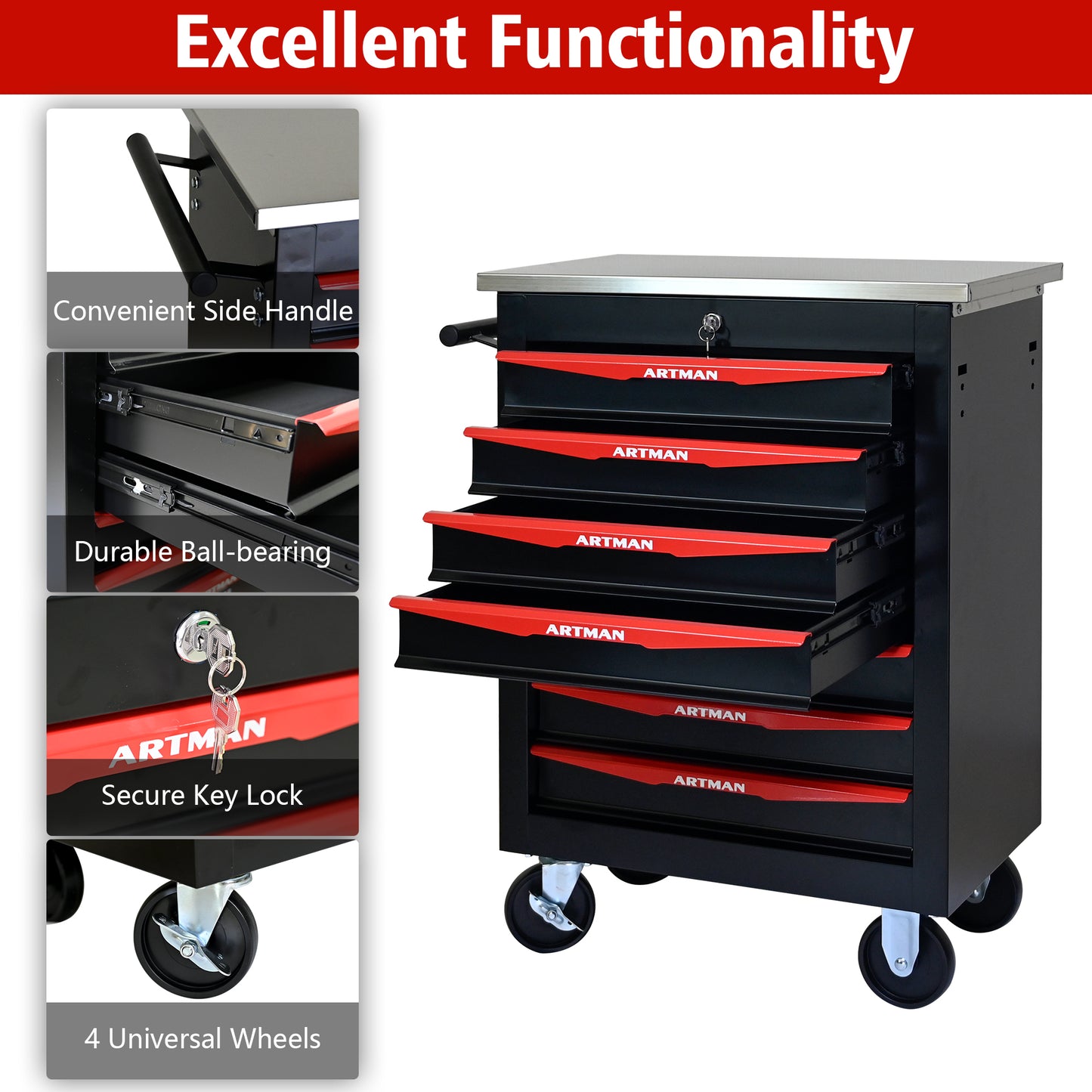 7 Drawers Multifunctional Tool Cart With Wheels,Metal Rolling Tool Cart Storage For Garage Workshop Warehouse Repair Shop--With Stainless Steel Roof- BLACK&RED