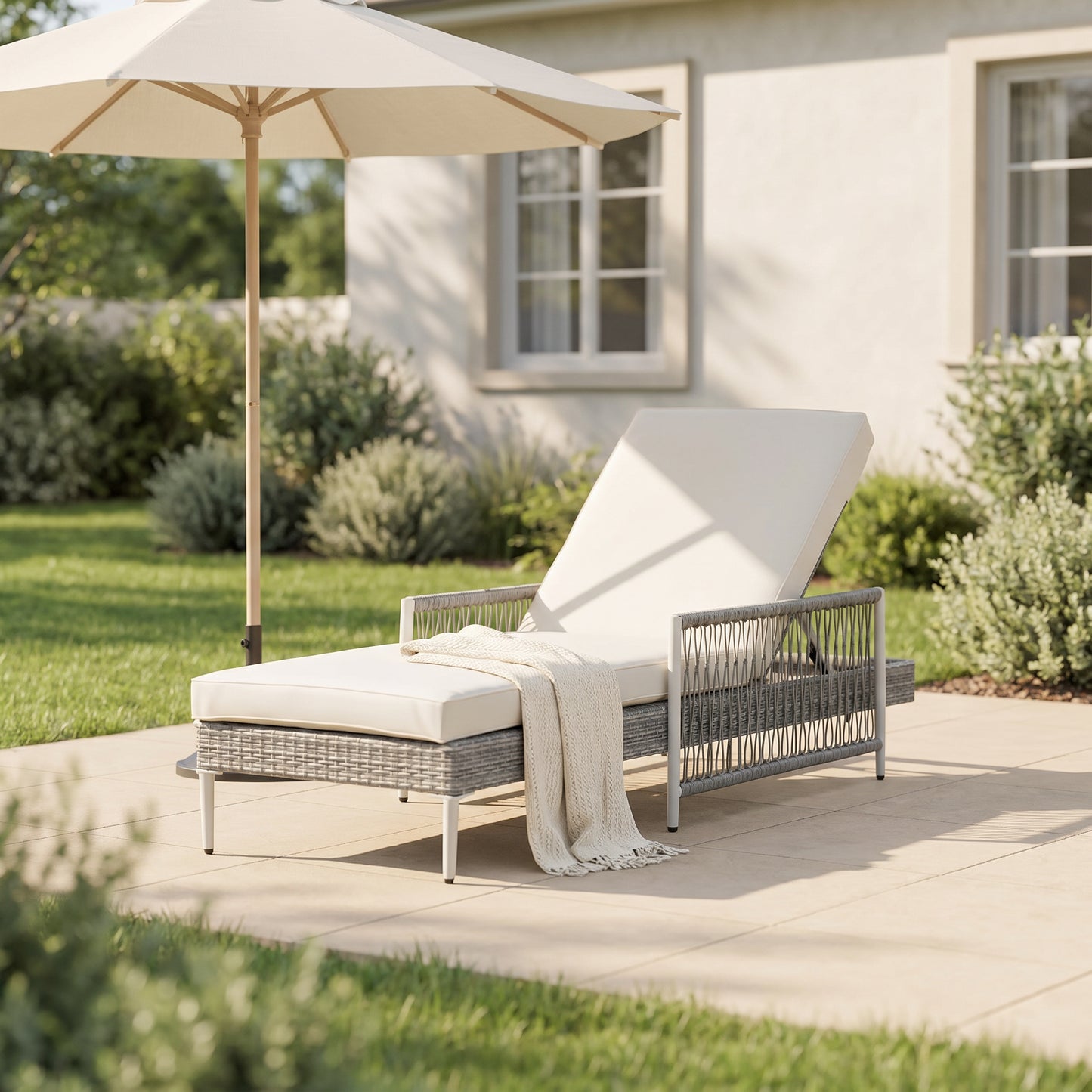 TOPMAX Outdoor All-Weather PE Rattan Chaise Lounge, Minimalist Patio Wicker Lounge Chair With 6 Gear Adjustable Recliner, Arms And Cushion For Poolside, Deck, Set Of 2, Grey