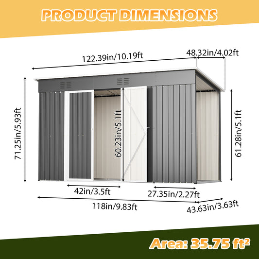 10'x4' Outdoor Metal Storage Shed For Garden Tools Lockable Door With Floor Frame