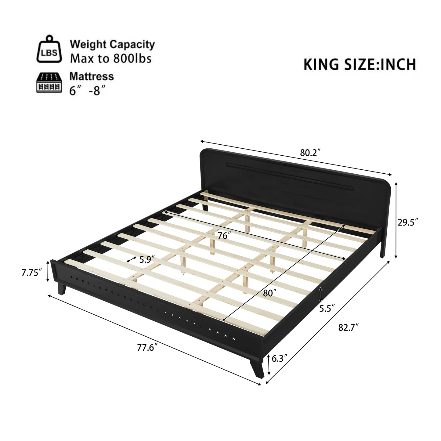 PINE SOLID WOOD KING SIZE BED, SOLID AND STABLE, NO BOX SPRING NEEDED, BLACK COLOR