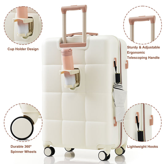 Luggage Sets 4 Piece,  ABS Durable Suitcase With Travel Bag,  Cup Holder, ABS Hard Shell Luggage With Spinner Wheels, White