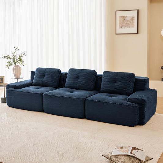 117 Modern Modular Sectional Sofa For Living Room, Corduroy Fabric,Oversized 3-Seater Couch With Deep Seat, Pearl-like Piping, Tufted Design,Buckle Connection,No Assembly,Anti-slip Design,Blue