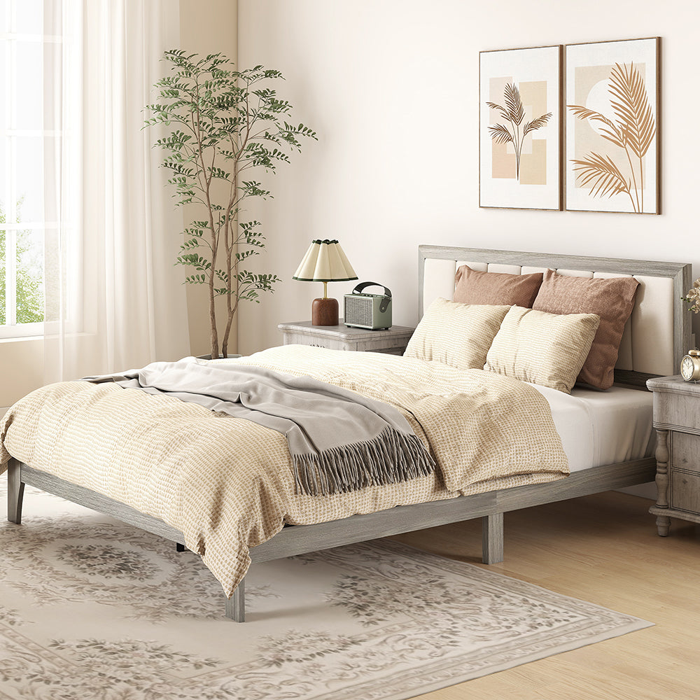 Bed Frame With Headboard Platform Bed Frame Linen-look Fabric With Wooden Slats No Needed Easy Assembly Support Up To 726 Lbs