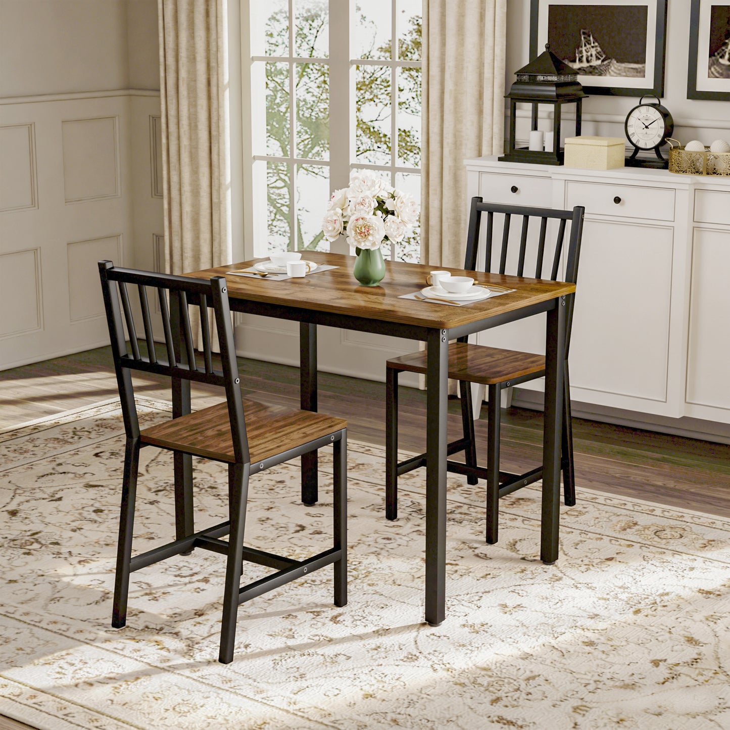 Dining Table Set, Bar Table With 2 Dining Chairs, Kitchen Table Counter With Chairs, Industrial For Kitchen Breakfast Table, Living Room, Party Room, Walnut ,35.4inL X23.6inW X 29.7inH
