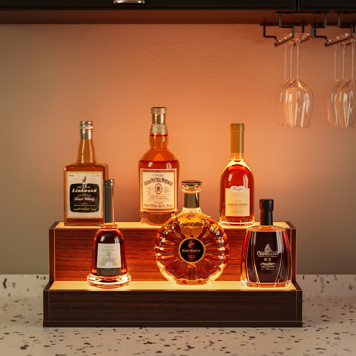 LED Lighted Liquor Bottle Display Shelf, 20 Inch Bar Display Shelf, DIY Illuminated Bottle Shelf With App & Remote Control, 2 Step Freestanding Holding Bottles For Home Bar, Party, Walnut