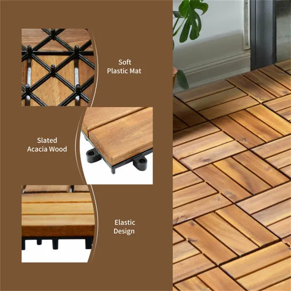 27 Pieces 12 X 12 Inch Outdoor Floor Tiles, Acacia Wood Interlocking Patio Deck Tile