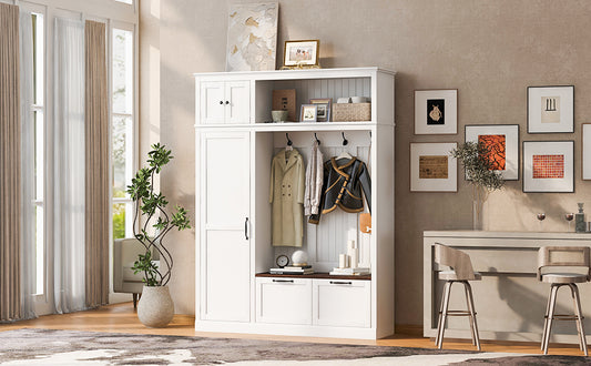 3-in-1 Hall Tree With Overhead Storage Cabinet, 3 Adjustable Side Shelves, 4 Heavy-Duty Hooks, 2 Spacious Drawers, Grooved Back Panel Design, Contrasting Seat Bench, Multifunctional Entryway Organizer