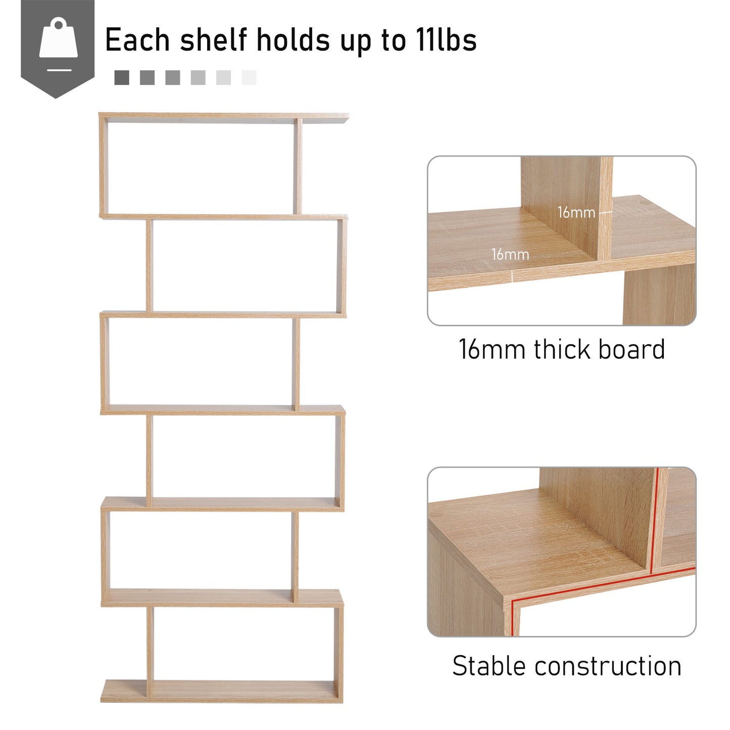 75.5" H Bookcase 6 Shelf S-Shaped Bookshelf Wooden Storage Display Stand Shelf Organizer Free Standing, Oak