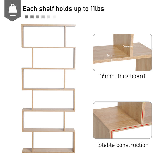 75.5" H Bookcase 6 Shelf S-Shaped Bookshelf Wooden Storage Display Stand Shelf Organizer Free Standing, Oak