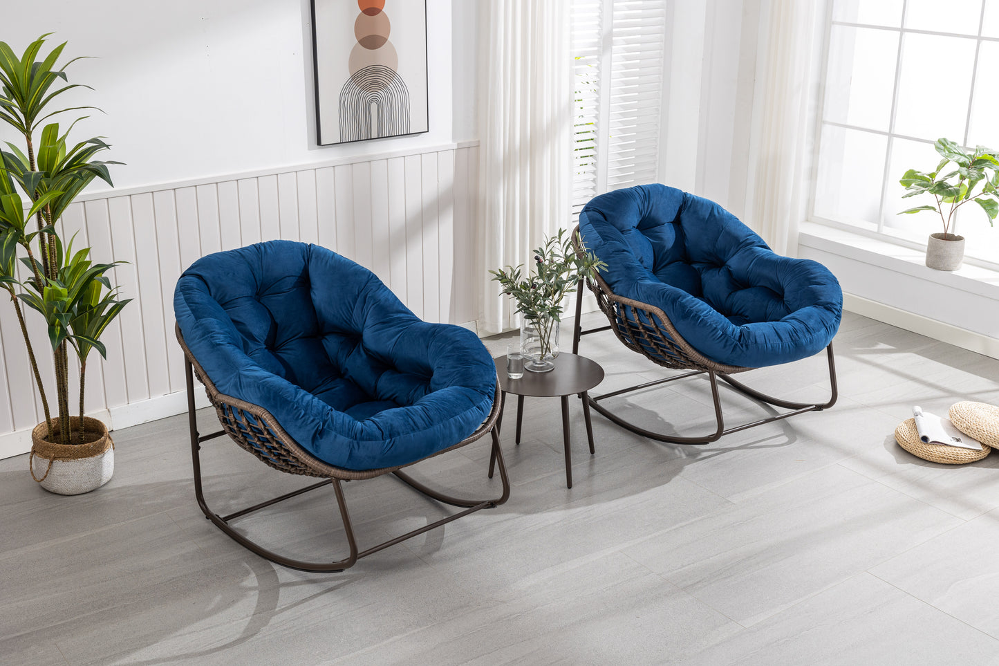 Outdoor Rattan Rocking Chair,Padded Cushion Rocker Recliner Chair Outdoor For Front Porch, Living Room, Patio, Garden, Navy Blue