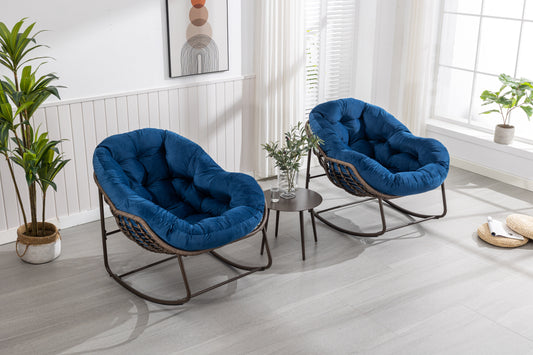 Outdoor Rattan Rocking Chair,Padded Cushion Rocker Recliner Chair Outdoor For Front Porch, Living Room, Patio, Garden, Navy Blue