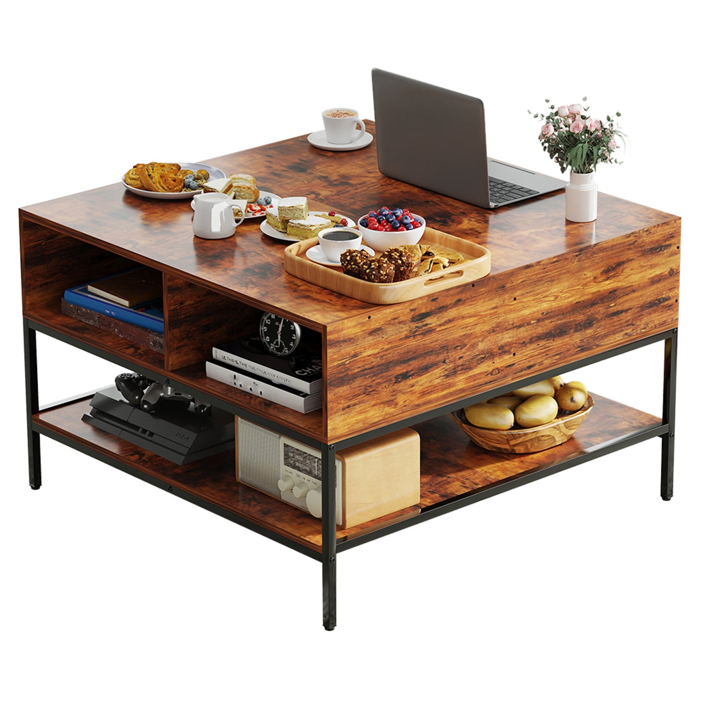 Flip-Top Coffee Table With Storage - Dark Walnut & Black Metal - 31.5 Lift-Top Design W Hidden Compartment - Easy Assembly Living Room Table