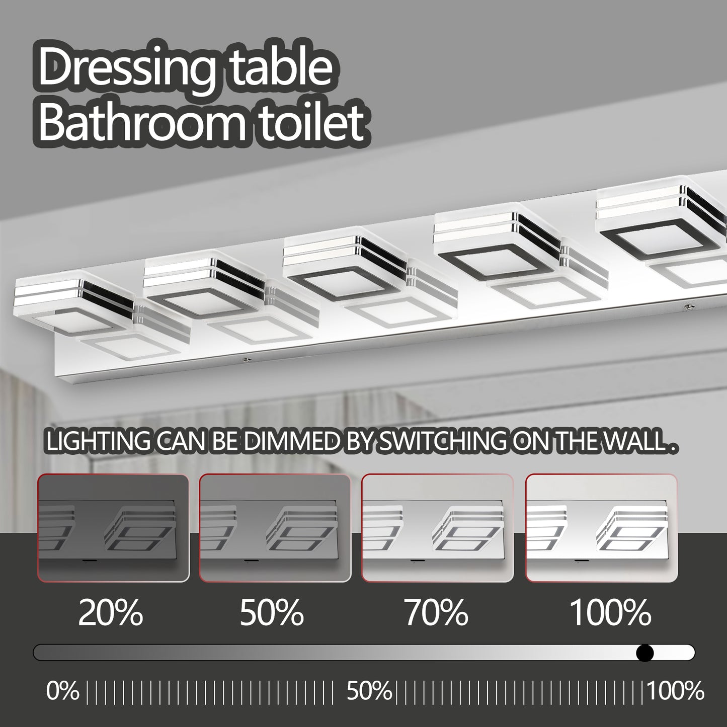 39in  Modern Chrome 6-Light LED Vanity Light, Square Acrylic Lampshades Wall Mount Fixture For Bathroom, Mirror Lighting