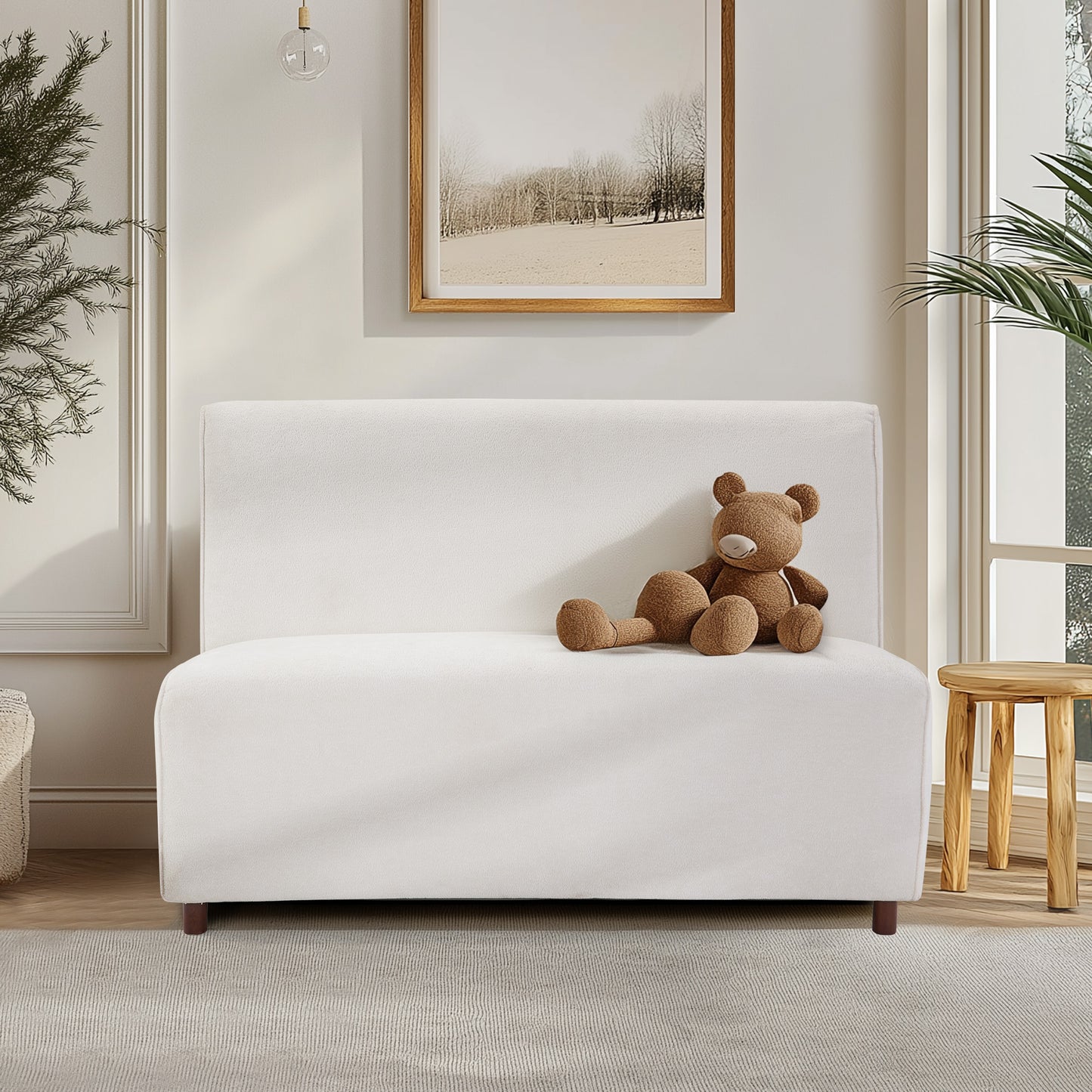 49 Beige Boucle Cover Fabric Loveseat - 25D High-Density Sponge Cushion, Light Brown Legs , Modern Sofa For Living Room
