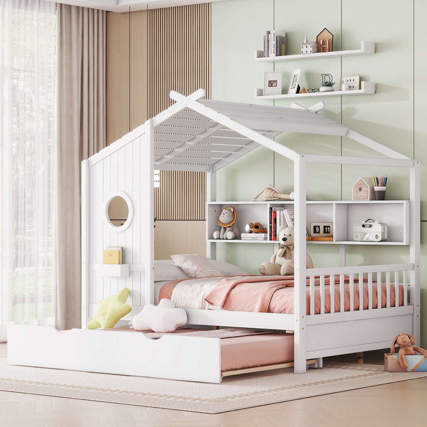 Wooden Full Size House Bed With Trundle, Modern Design For Kids With Storage Shlef, White Old SKU HL000095AAW