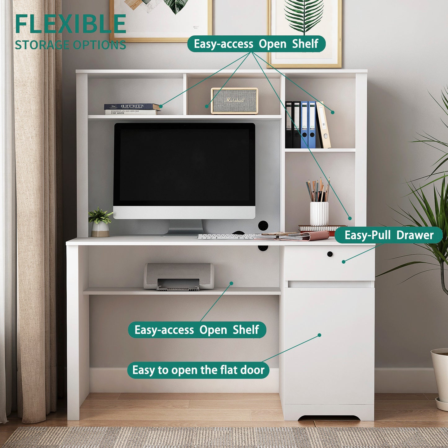 Computer Desk With Hutch & Bookshelf,Wood Executive Desk Teens Student Desk Writing Laptop Home Office Desk With Drawers,3 AC Outlets And 2 USB Charging Ports,Study Laptop Table For Home White