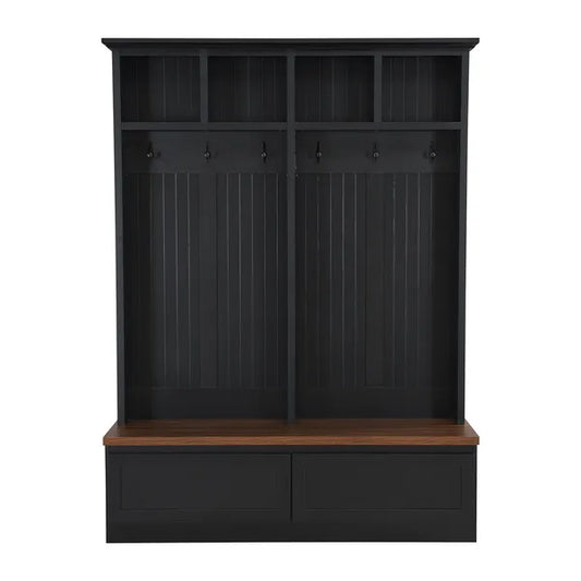 Farmhouse 4-in-1 Hall Tree With Wood Grain Bench, Mudroom Versatile Coat Rack With 2 Large Drawer, Entrance Organizer For Hallway, Living Room, Black, 55.9'W