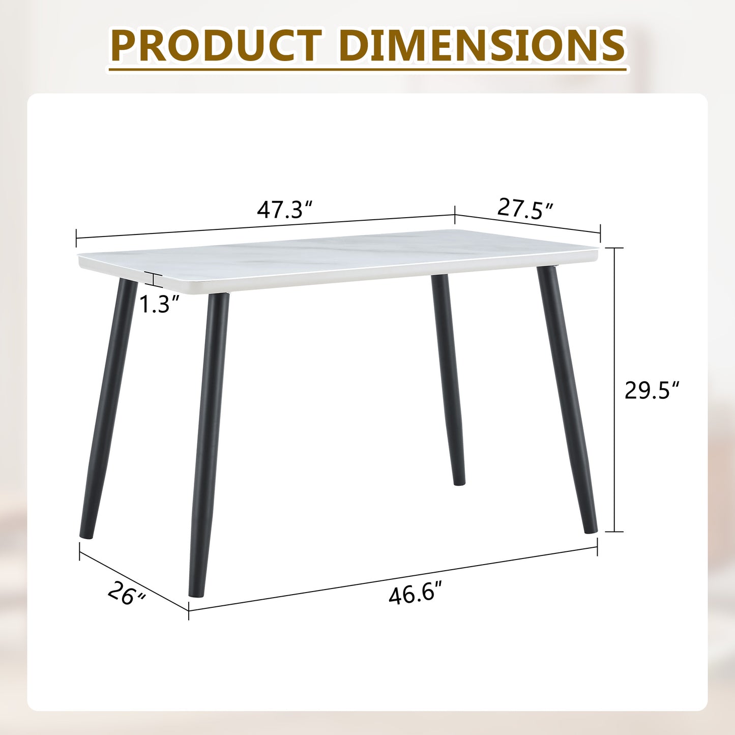 Modern Minimalist Rectangular Dining Table,suitable For 4-6 People.Tempered Glass Countertop Lower MDF Board,imitation Marble Texture,black Metal Tapered Legs.Suitable For Minimalist Restaurants.