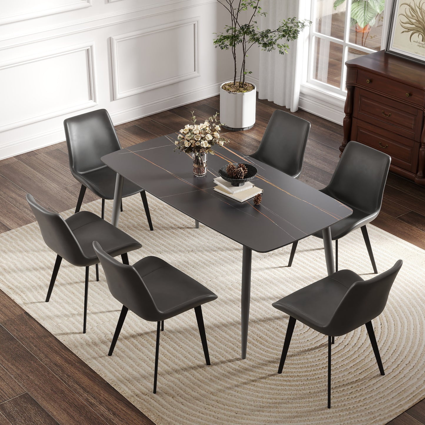 62.99  Modern Artificial Stone Black Curved Edge Dark Grey Metal Leg Dining Table-Can Accommodate 6 People Dining Table Only