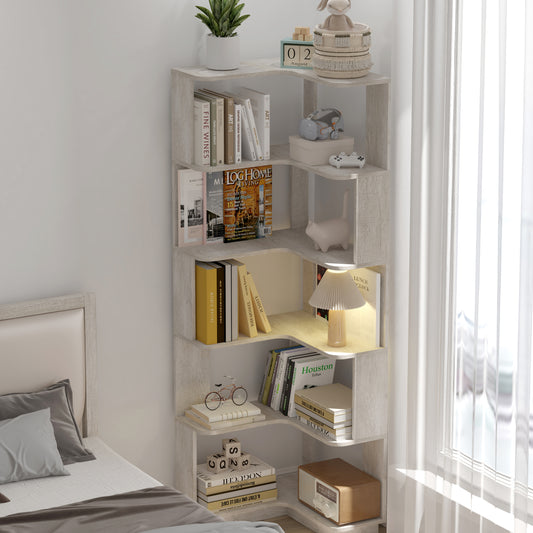6 Tier Freestanding L-Shaped Corner Bookshelf For Living Room, Bedroom, Wood Bookcase With Anti-drop Panle And Anti Tipping Device, Display Shelf Open Storage Rack Organizer For Home Office Light Gray