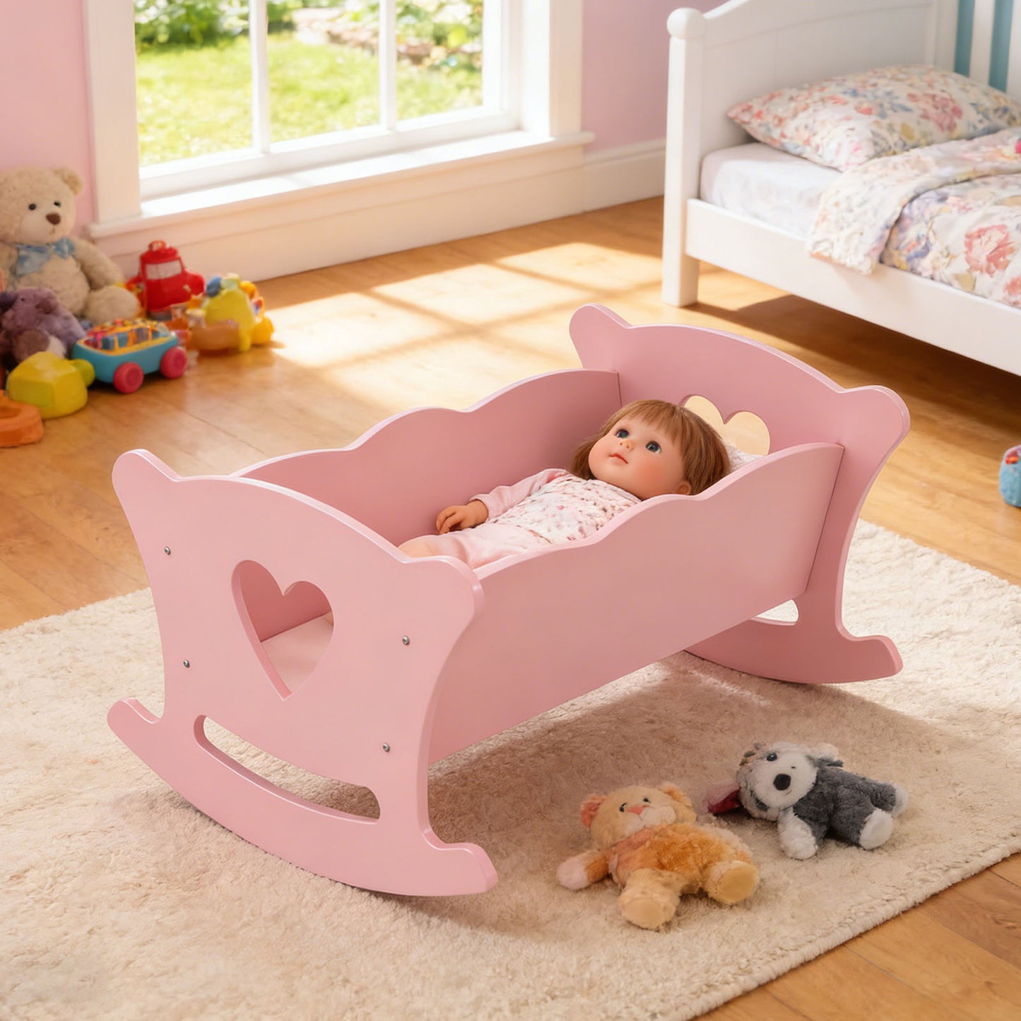 Wooden Cradle For 20 Inch Dolls Kids Role Play Easy Assembly Baby Doll Bed With Pillow Mattress Pink