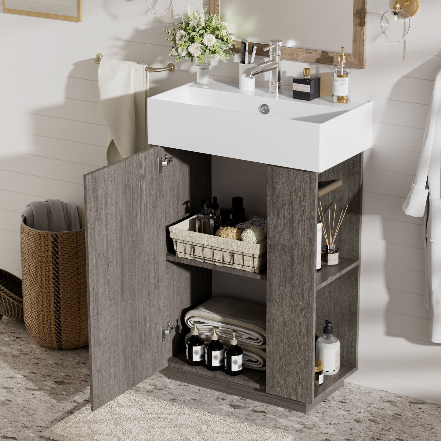 21.6  Bathroom Vanity With Ceramic Sink, Freestanding Modern Left Door Wood Grain Cabinet With Open And Closed Storage
