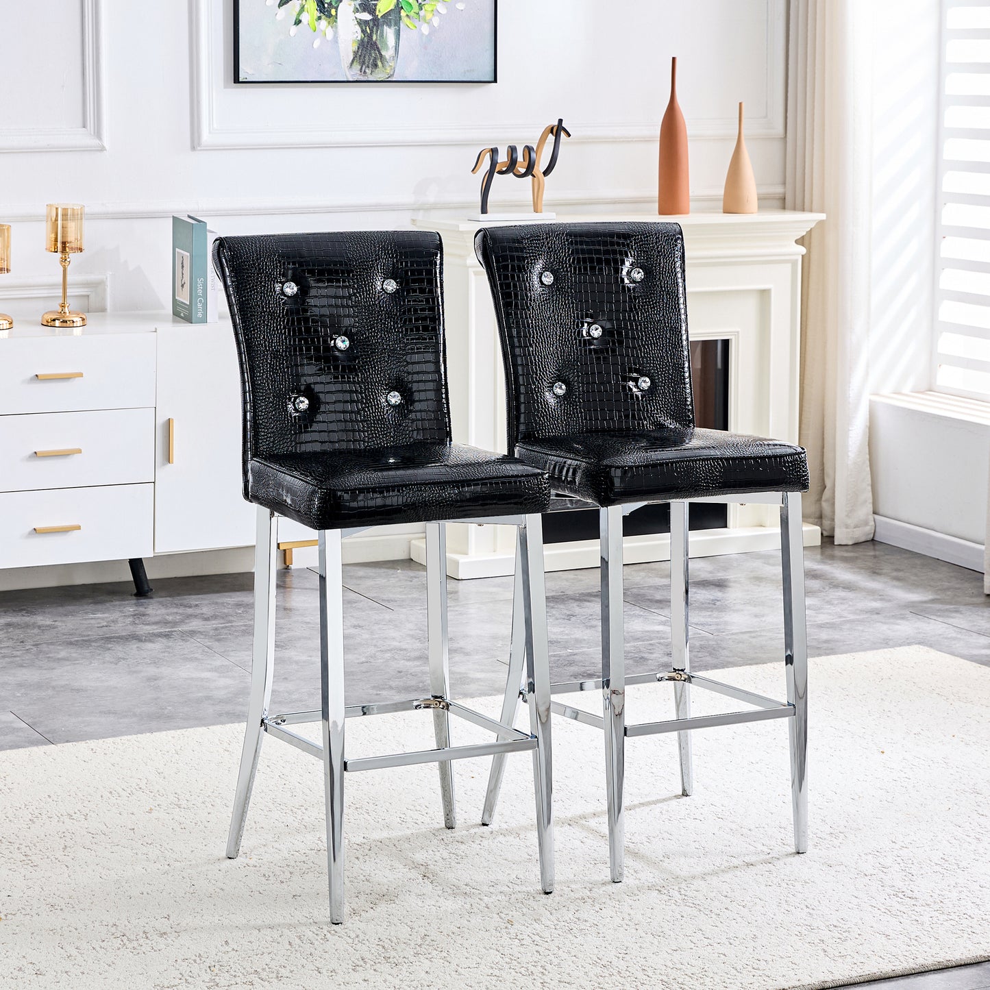 A Set Of 2 Black Vintage Crocodile Leather Bar Chairs, Featuring Crystal Clasp Design And Synthetic Leather Design, Adding A Touch Of Elegance And Mystery To The Dining Area