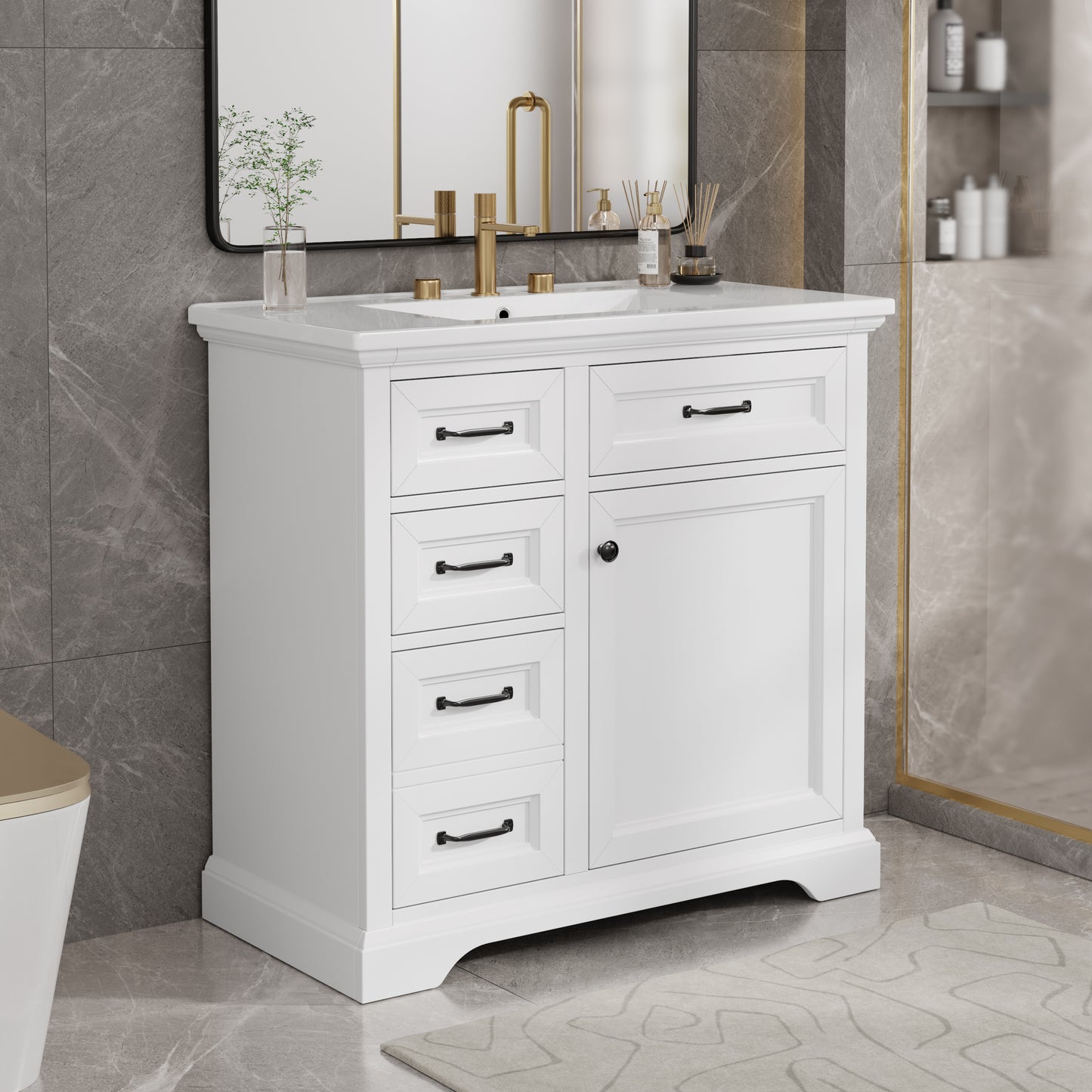 36-Inch Bathroom Vanity With Ceramic Sink Top, 4 Drawers And 1 Soft-Close Door, Freestanding Storage Cabinet With Metal Handles, Pre-Drilled For 8-Inch Faucet, White Finish