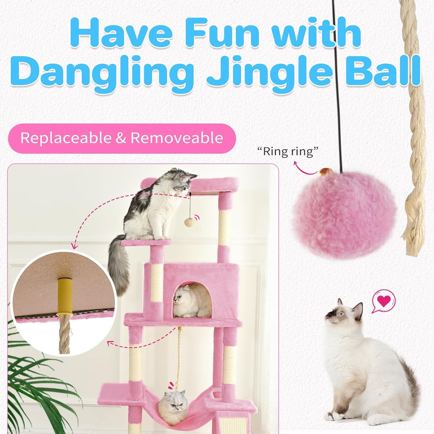 ABCPET 63-inch Multi-level Cat Climbing Frame, Indoor Cat Sisal Scratch Post, Cat Bed, Hammock, Hanging Ball, Extension Platform,Self-pickup Only