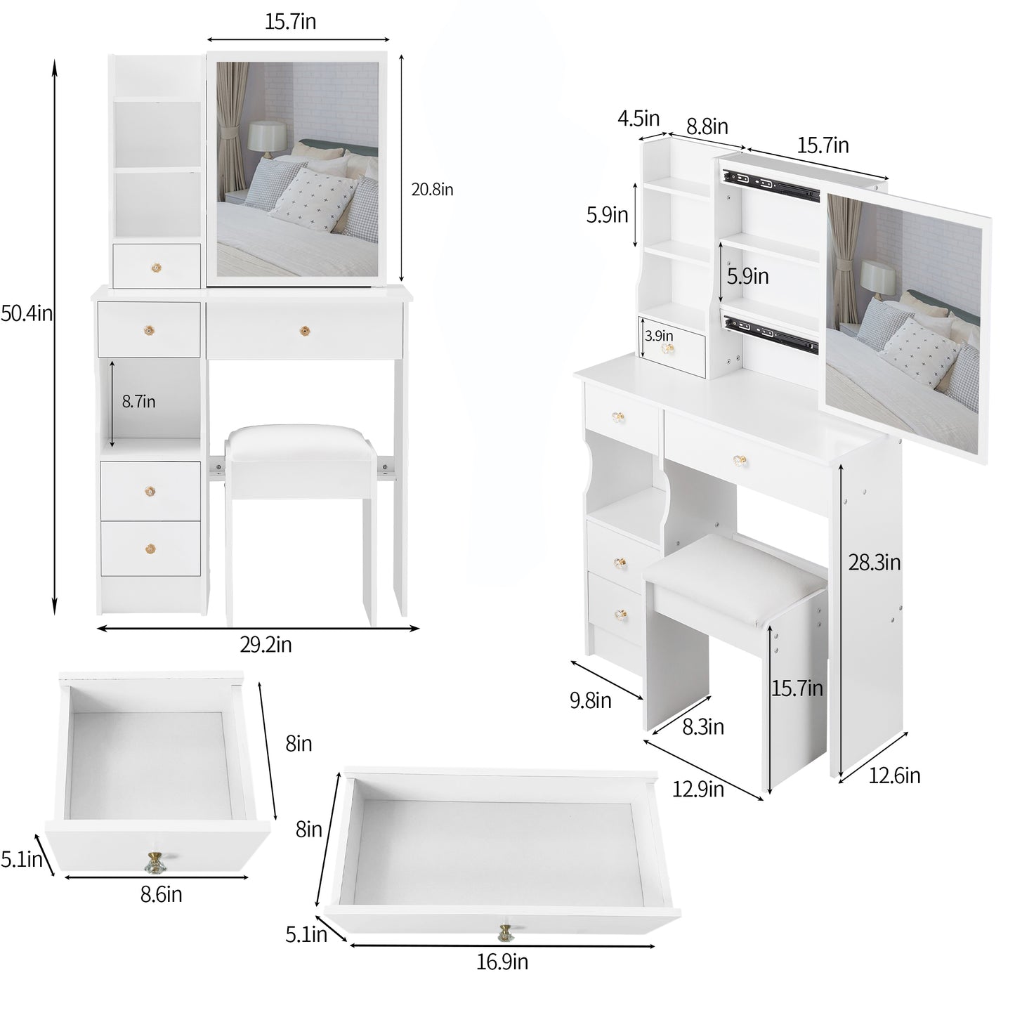 29.2 Small Space Left Drawer Desktop Vanity Table  Cushioned Stool, Extra Large Right Sliding Mirror, Multi Layer High Capacity Storage, Practical Fashionable Dresser, EPA, GCC, UL Certificate