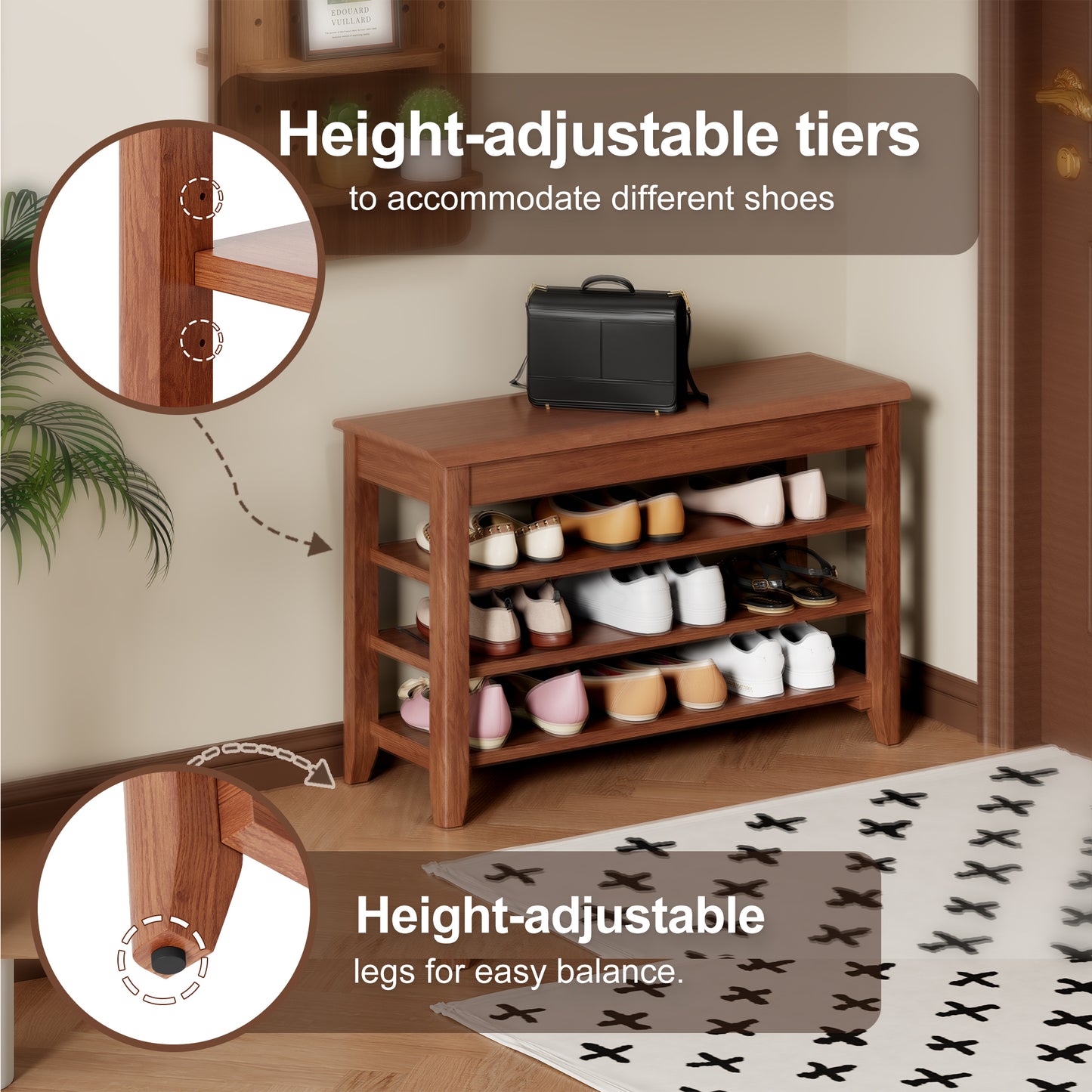 Adjustable Shoe-changing Bench, Storage Bench, Hidden Storage. With A Load-bearing Capacity Of Up To 550 Pounds, Suitable For Bedrooms And Corridors. 100 Solid Wood.