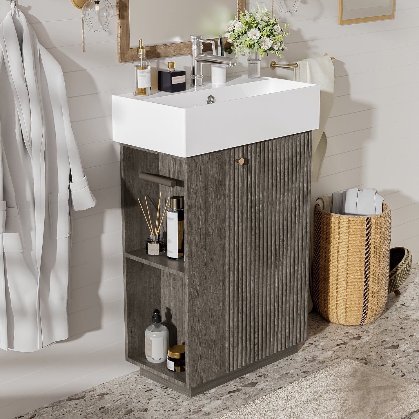 21.6 Bathroom Vanity With Ceramic Sink, Freestanding Modern Right Door Wood Grain Cabinet With Open And Closed Storage For Small Bathrooms