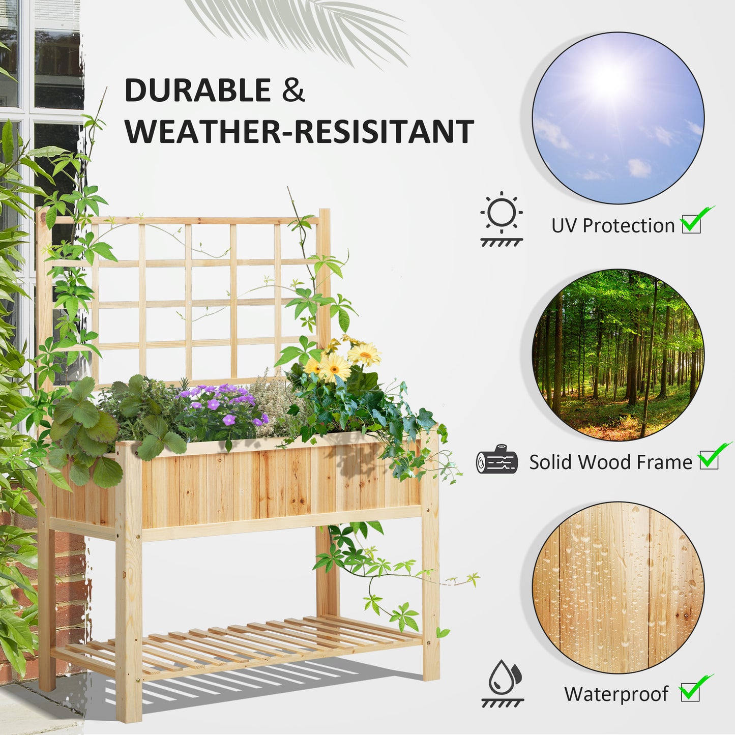 47'' Wooden Raised Garden Bed With Trellis, Coutryside Style Elevated Planter Box Stand With Open Storage Shelf, Spacious Planting Area For Vegetables, Herbs, Flowers