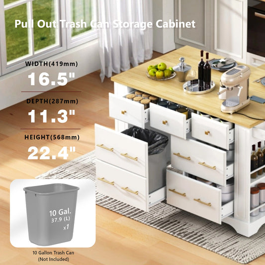 K&K Kitchen Island With 6 Drawers, Pull Out Trash Can Storage, Rolling Kitchen Island On 5 Wheels With Drop Leaf, Power Outlet, 5 Open Side Racks For Kitchen, Dining Room, White