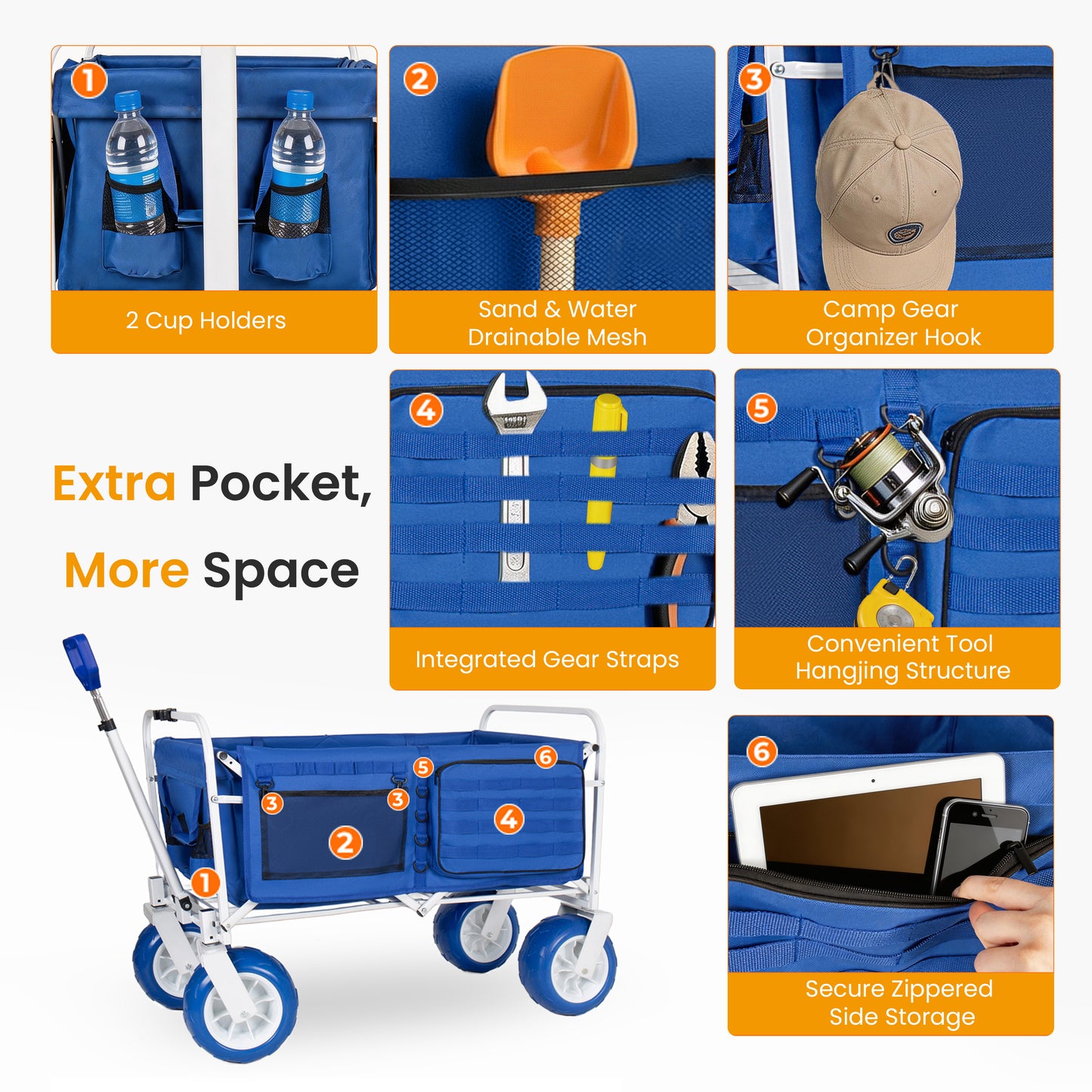 Beach Wagon Cart  500lbs Heavy Duty Collapsible Folding Wagon  Oversized 150L  9  PVC All- Terrain Wheels  Adjustable Handle  Cooler & Storage Bags For Beach  Camping  Garden & Outdoor Sports  Blue