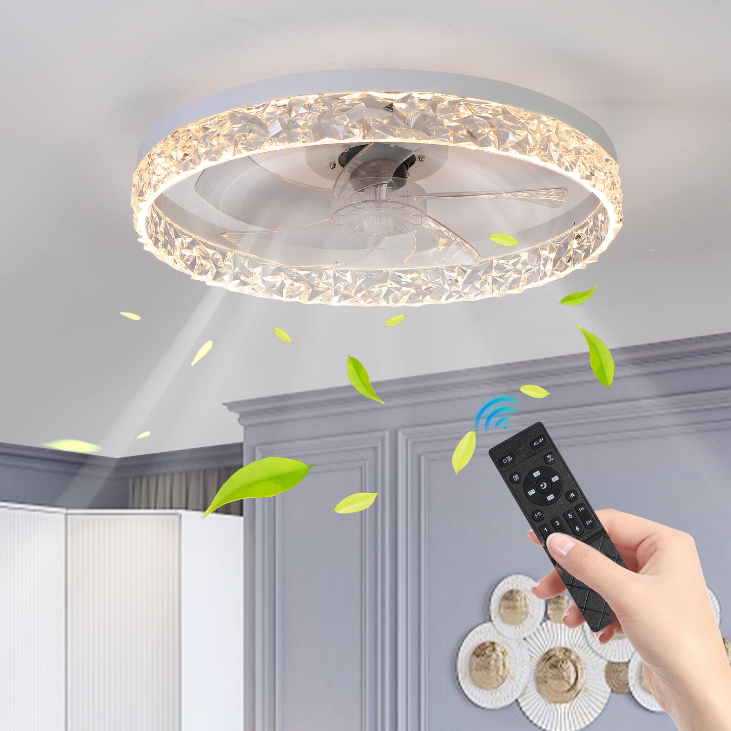 Modern Acrylic Ceiling Fan Light With Remote Control, Dimmable LED Chandelier, 6-Speed Adjustable, Quiet Motor, Flush Mount Design For Living Room, Bedroom, Dining Room