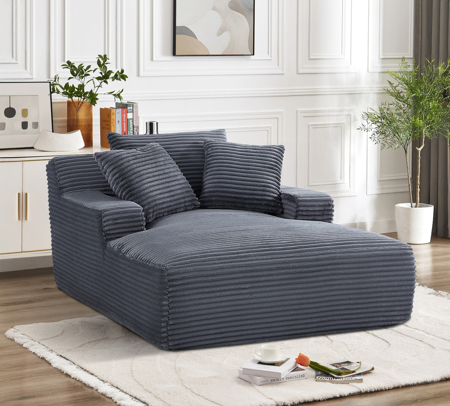 Cloudline Oversized Chaise Lounge Chair In Soft Corduroy, Modern Comfy Couch With Full Foam Cushioning, Cozy Sleeper Sofabed For Living Room, Bedroom, No Assembly Required, Grey