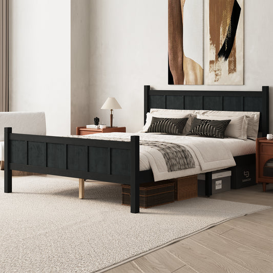 Queen Size Flat Panel Bed With Headboard & Footboard, Minimalist Modern Platform Bed With Wood Grain Finish, Shaker And Farmhouse Style Design, Sleek And Functional Bedroom Furniture,Black