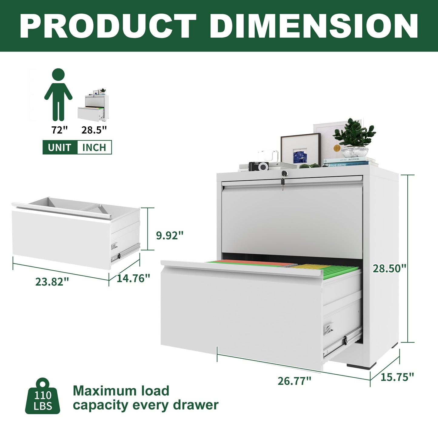 2 Drawer Lateral File Cabinet With Lock, Metal Lateral Filing Cabinet For Home Office, Steel Wide Horizontal Filing Cabinets For Letter Legal A4 F4 Hanging Files  White