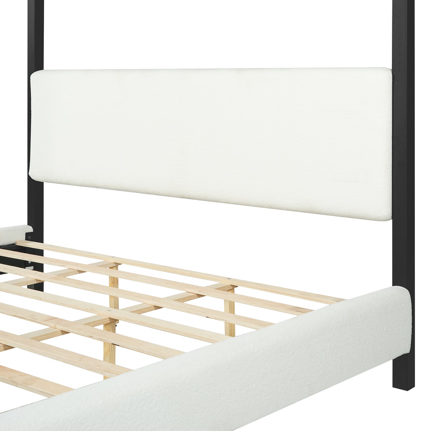 Modern Black Metal Canopy Bed With Plush White Boucle Upholstery, Queen