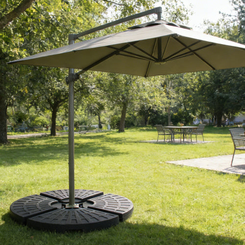 Heavy-Duty Fan-Style Cantilever Umbrella Base, 4-Panel Refillable With Water-Sand -220 Lbs- Weatherproof HDPE With Metal Lock Hooks, Stackable & Portable, Black -For Backyard, Lawn, Pool