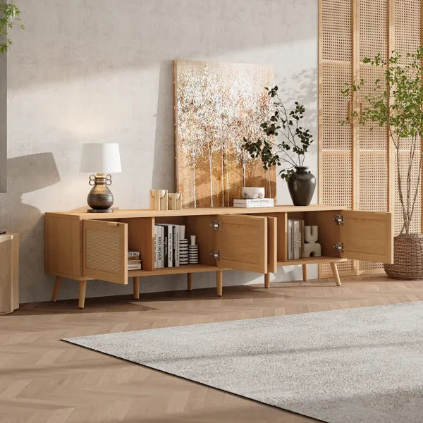 70inch Modern TV Stand With Rattan Doors For TVs Up To 80", Media Console With Storage Space & Cable Holes, Entertainment Center For Living Room