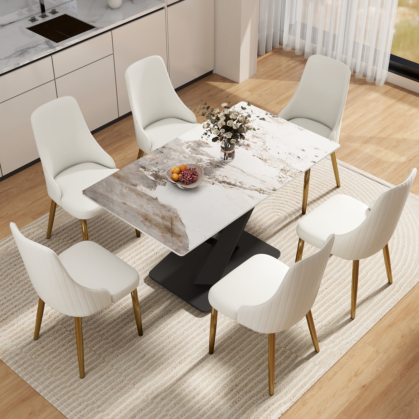 55.12  Modern Artificial Stone Pandora White Straight Edge Black Metal X-Leg Dining Table -6 People