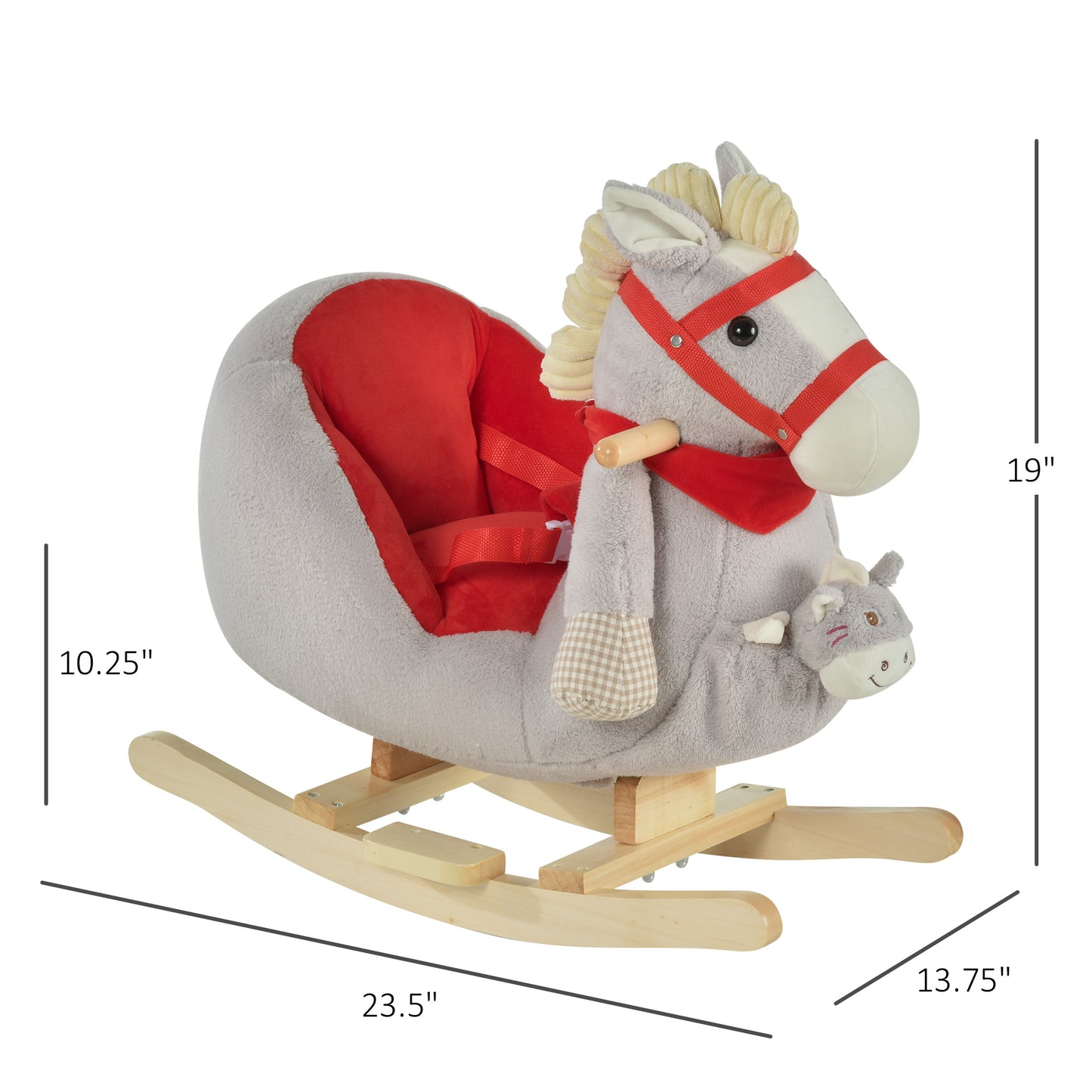 Kids Ride-On Rocking Horse Toy, Rocker With Lullaby Song, Hand Puppets & Soft Plush Fabric For Children 18-36 Months, Gray