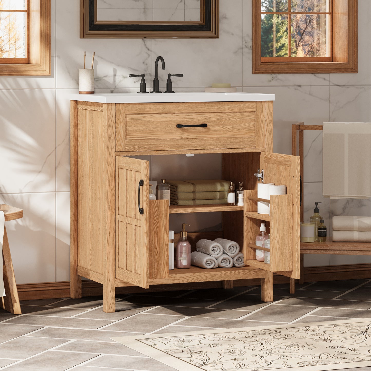 30   Bathroom Vanity With Resin Sink, Solid Wood Frame Bathroom Sink Cabinet With Adjustable Shelf, Cabinet Door Organizers, Natural Wood Grain